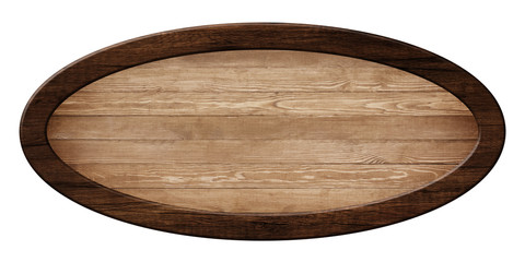 Oval signpost made of natural wood with dark wooden frame