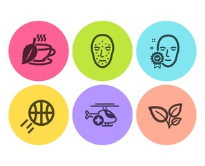 Basketball, Medical helicopter and Face verified icons simple set. Mint tea, Face biometrics and Leaves signs. Sport ball, Sky transport. Healthcare set. Flat basketball icon. Circle button. Vector