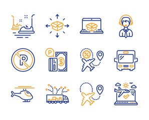 Online delivery, Truck delivery and Bumper cars icons simple set. Airplane, Parking payment and Flight sale signs. Shipping support, No parking and Bus symbols. Helicopter, Airplane travel. Vector