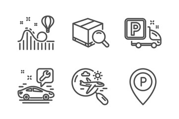 Truck parking, Roller coaster and Car service icons simple set. Search flight, Search package and Parking signs. Free park, Attraction park. Transportation set. Line truck parking icon. Vector