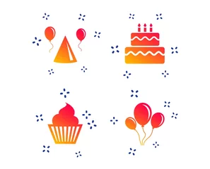 Fototapeten Birthday party icons. Cake, balloon, hat and muffin signs. Celebration symbol. Cupcake sweet food. Random dynamic shapes. Gradient party icon. Vector © blankstock