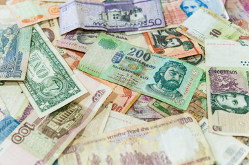 Hungarian Forint money bill in front of international banknotes
