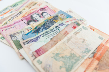 Fototapeta na wymiar Different international banknotes already used