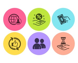 International recruitment, Loan percent and Users icons simple set. Pay money, Refresh like and Time hourglass signs. World business, Discount hand. People set. Flat international recruitment icon