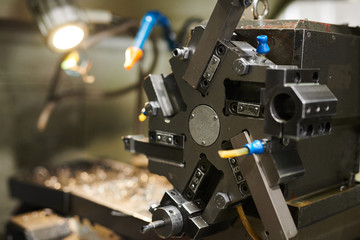 Background image of machine unit at metal production plant, copy space