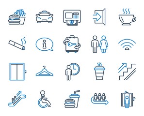 Public Services, Wifi line icons. Elevator, Cloakroom and Taxi icons. Exit, ATM and Escalator. Wifi, Lift or elevator, Restaurant food. Public cloakroom, information, coffee and smoking. Vector