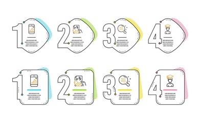 Graph phone, Prescription drugs and Skin condition icons simple set. Student sign. Mobile statistics, Pills, Search magnifier. Graduation cap. Science set. Infographic timeline. Line graph phone icon