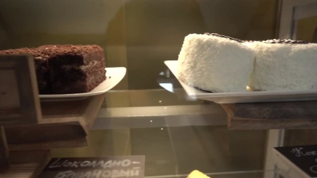 Cakes at coffee shop, slider move, titles of cakes in Russian