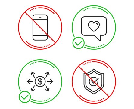 Do or Stop. Smartphone, Dollar exchange and Love message icons simple set. Approved shield sign. Cellphone or phone, Payment, Dating service. Protection. Technology set. Line smartphone do icon