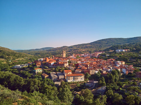 Aerial view of Garganta la Olla located in Extremadura (Spain).