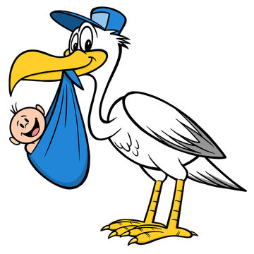 Stork Delivering a Baby Boy - A cartoon illustration of a Stork Delivering a Baby Boy.