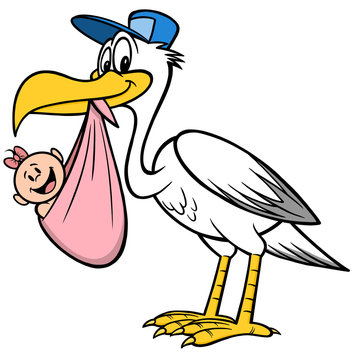 Stork Delivering a Baby Girl - A cartoon illustration of a Stork Delivering a Baby Girl.
