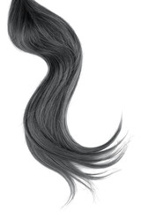 Black hair isolated on white background. Long wavy ponytail - obrazy, fototapety, plakaty