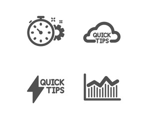 Set of Quickstart guide, Cogwheel timer and Quick tips icons. Money diagram sign. Lightning symbol, Engineering tool, Helpful tricks. Currency diagram.  Classic design quickstart guide icon. Vector