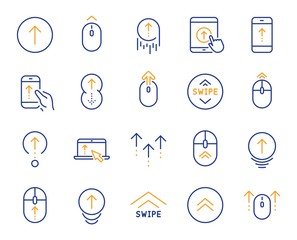 Swipe up line icons. Scrolling mouse, landing page swipe signs. Scroll up mobile device technology icons. Website scroll navigation. Tablet pc or smartphone symbols. Phone scrolling. Vector