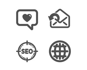 Set of Love message, Seo and Send mail icons. Globe sign. Dating service, Search target, Sent message. Internet world.  Classic design love message icon. Flat design. Vector