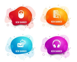 Liquid badges. Set of Share mail, Computer mouse and Payment card icons. Headphones sign. New e-mail, Pc equipment, Credit card. Music listening device.  Gradient share mail icon. Flyer fluid design