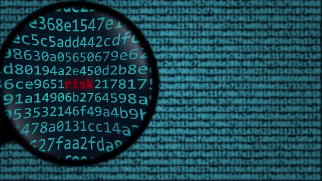 Magnifying glass discovers risk word on computer screen