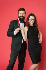 sexy couple in love. tuxedo man and sexy woman at formal party. formal couple. business meeting. valentines day heart. bearded businessman with sexy lady. love date and romance. feeling sexy
