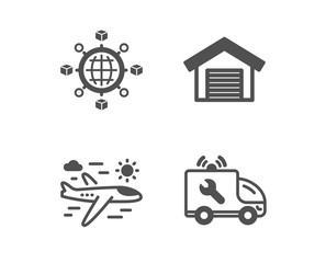 Set of Parking garage, Logistics network and Airplane travel icons. Car service sign. Car place, International tracking, Trip flight. Repair service.  Classic design parking garage icon. Flat design