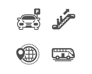 Set of Escalator, World travel and Parking icons. Bus tour sign. Elevator, Map pointer, Car park. Transport.  Classic design escalator icon. Flat design. Vector