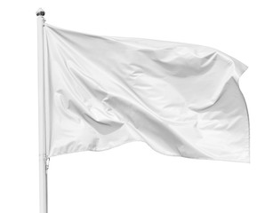 White flag waving in the wind on flagpole, isolated on white background, closeup - obrazy, fototapety, plakaty