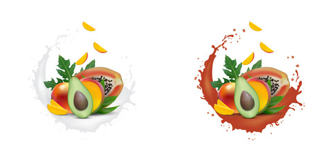 Ad 3d promotion banner, Realistic mango, avocado, papaya with falling slices. Ice cream, yogurt, juice brand advertising. Label poster template. Splash design.