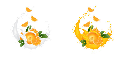 Obraz na płótnie Canvas Fresh 3d realistic orange slices with juice milk yogurt splash drops isolated on a white background. Packaging template. Realistic organic fruit dairy product.