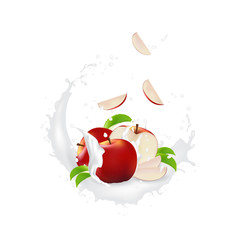 Milk splash 3d illustration with slices of   apple. Cream pouring wave yogurt packaging template. Realistic organic healthy fruit dairy product.