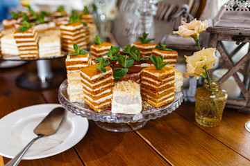 Pieces of Napoleon cake on a white plate on a wooden one . Russian cuisine, layer cake with cream. Decorated with icing sugar and pieces of fresh mint. Dessert of puff cake