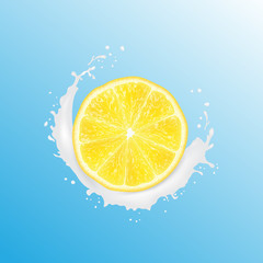 Realistic 3d Vector Illustration. Sliced lemon. Milk juice splash. Colourful citrus background.