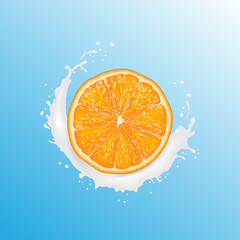 Realistic 3d Vector Illustration. Sliced orange. Milk juice splash. Colourful citrus background.
