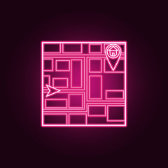 cursor and pin building on the map neon icon. Elements of Navigation set. Simple icon for websites, web design, mobile app, info graphics
