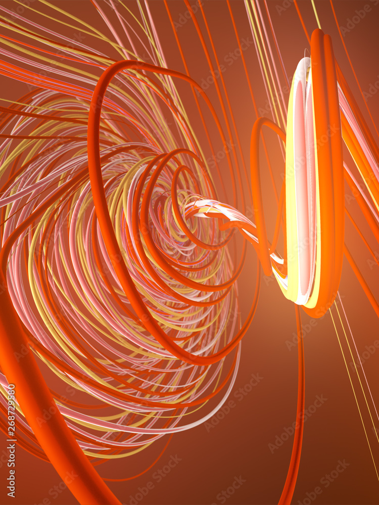 Poster Interlacing abstract orange colored curves. Computer generated geometric pattern. 3D rendering
