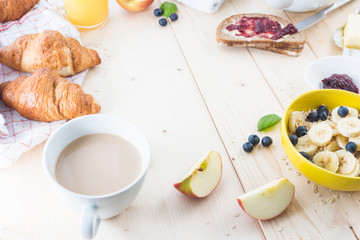 Breakfast on a wooden simple table.. Croissants Breakfast with aromatic tast. Good morning, great start to the day.