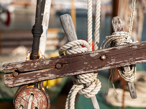 Closeup of the rigging of an old boat