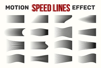 Big set of different simple black speed line. Comic Book Design Element Speed Lines Explosion Manga cartoon on white background. Vector Illustration