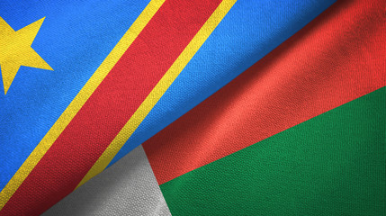 Congo Democratic Republic and Madagascar two flags textile cloth, fabric texture