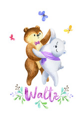 Funny bears dancing the waltz. Hand painted watercolor illustration isolated on a white background.