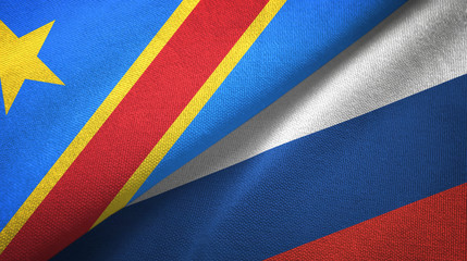 Congo Democratic Republic and Russia two flags textile cloth, fabric texture