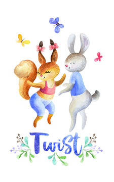 Funny squirrel and rabbit dancing twist. Hand painted watercolor illustration isolated on a white background.