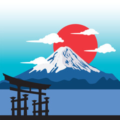 Vector illustration of sunset at Mount Fuji. Symbol of Japan.  - obrazy, fototapety, plakaty