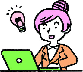 Analog style Pop illustration of working woman and laptop PC 