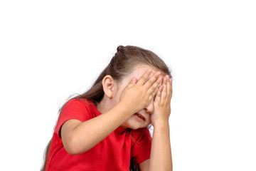 Fototapeta premium Little girl covering face and scare.