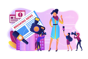 Journalists interviewing famous person. Reporters following celebrity. Yellow online press, paparazzi news feed, yellow journalism concept. Bright vibrant violet vector isolated illustration