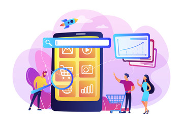 Ecommerce, internet shopping promotion campaign. Mobile media optimization, mobile SEO strategy, targeted communication channel concept. Bright vibrant violet vector isolated illustration