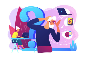 Senior couple modern gadgets handling problems. Low technical communication, trouble with using technology, special devices for older people concept. Bright vibrant violet vector isolated illustration