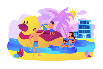Parents, children swimming. Kids sunbathing near sea resort, hotel. Family vacations, all ages vacation, fantastic family adventure concept. Bright vibrant violet vector isolated illustration