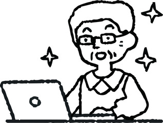Fototapeta na wymiar Monochrome Analog-style Pop illustration of an elderly man using a PC