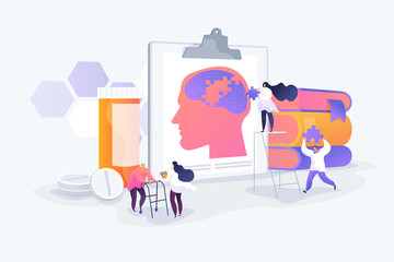 Memory loss, brain illness treatment, therapy. Elderly people mental disorders. Caregivers with patients. Alzheimer disease, dementia, dotage concept. Vector isolated concept creative illustration